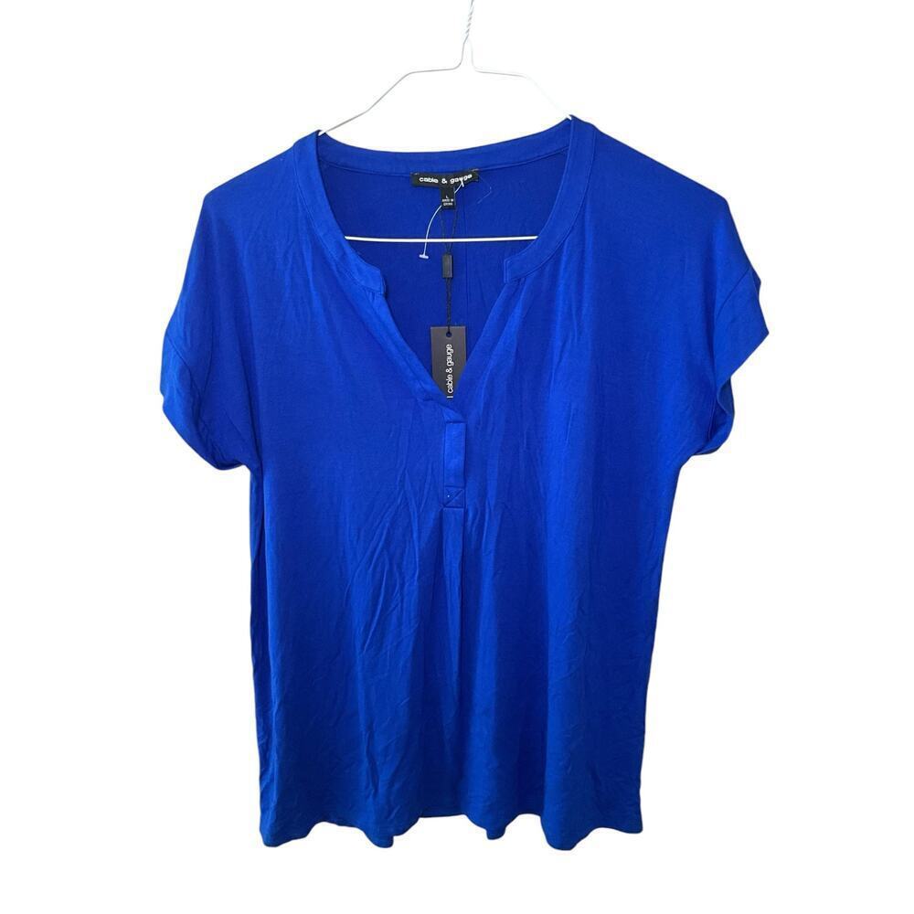 Cable & Gαuge Womens Short Sleeve Top Buttoned Back Split Neck Blue Sz Large NWT